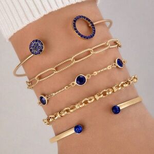 Gold Stack of 5 Bracelets with Royal Blue Crystal